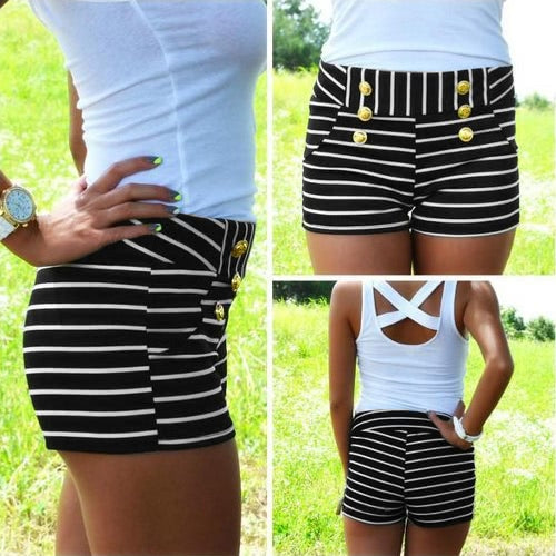 Women Shorts Summer Striped Shorts High Elastic Waist Ladies Casual Pants Black/White