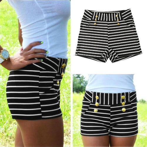 Women Shorts Summer Striped Shorts High Elastic Waist Ladies Casual Pants Black/White