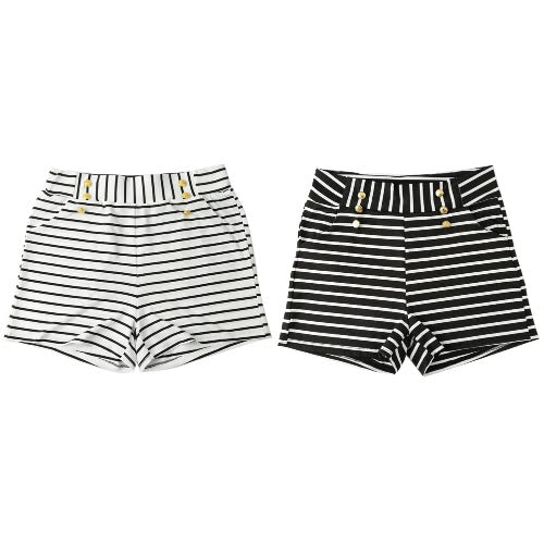 Women Shorts Summer Striped Shorts High Elastic Waist Ladies Casual Pants Black/White