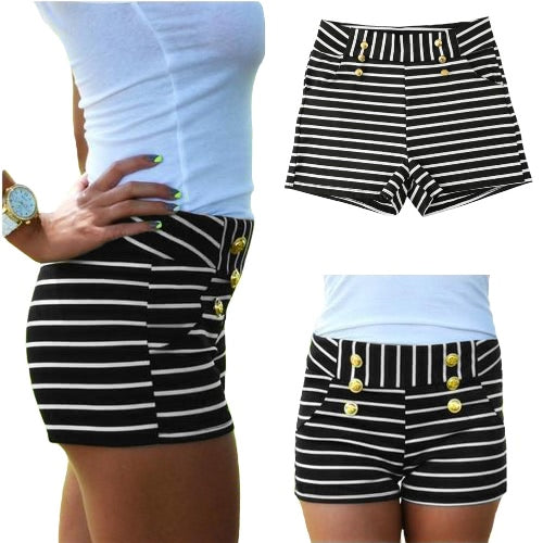 Women Shorts Summer Striped Shorts High Elastic Waist Ladies Casual Pants Black/White