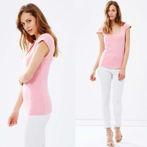 New Fashion Women T-Shirt Sexy Cut Out Back Short Sleeve Solid Slim Elegant Tops Tee Shirt Pink