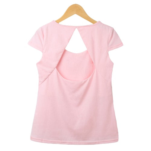 New Fashion Women T-Shirt Sexy Cut Out Back Short Sleeve Solid Slim Elegant Tops Tee Shirt Pink