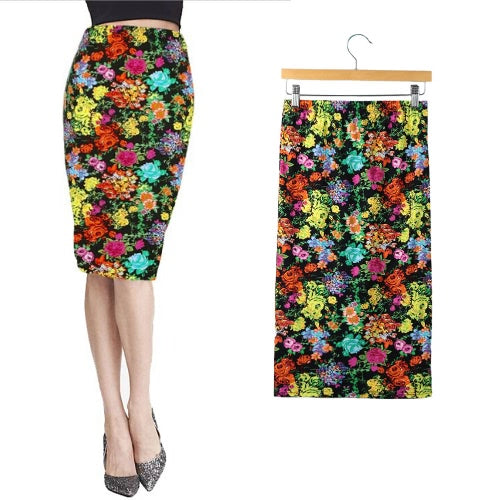 New Fashion Women Midi Skirt Floral Print Elastic Waistband Elegant Vintage Casual Bodycon Sheath Skirt