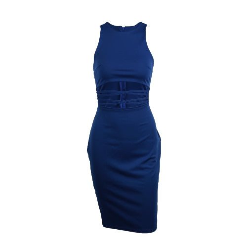 Sexy Cut Out Waist Strap Sleeveless O Neck Stretchy Club Women's Bodycon Dress