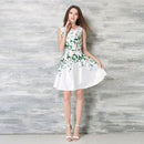 Fashion Women Elegant Floral Print Dress Round Neck Sleeveless Back Zipper Party Mini Swing Robe White