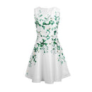 Fashion Women Elegant Floral Print Dress Round Neck Sleeveless Back Zipper Party Mini Swing Robe White