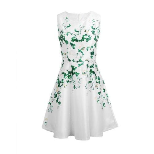 Fashion Women Elegant Floral Print Dress Round Neck Sleeveless Back Zipper Party Mini Swing Robe White