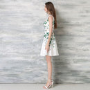 Fashion Women Elegant Floral Print Dress Round Neck Sleeveless Back Zipper Party Mini Swing Robe White