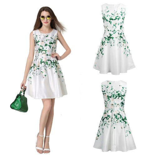 Fashion Women Elegant Floral Print Dress Round Neck Sleeveless Back Zipper Party Mini Swing Robe White