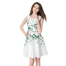 Fashion Women Elegant Floral Print Dress Round Neck Sleeveless Back Zipper Party Mini Swing Robe White