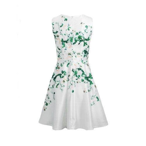 Fashion Women Elegant Floral Print Dress Round Neck Sleeveless Back Zipper Party Mini Swing Robe White