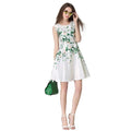 Fashion Women Elegant Floral Print Dress Round Neck Sleeveless Back Zipper Party Mini Swing Robe White