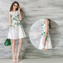 Fashion Women Elegant Floral Print Dress Round Neck Sleeveless Back Zipper Party Mini Swing Robe White