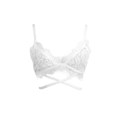 Sexy Women Bra Sheer Lace Mesh Hollow Out Cross Adjustable Strap Unlined Cup Bralette Unpadded Bra Lingerie White