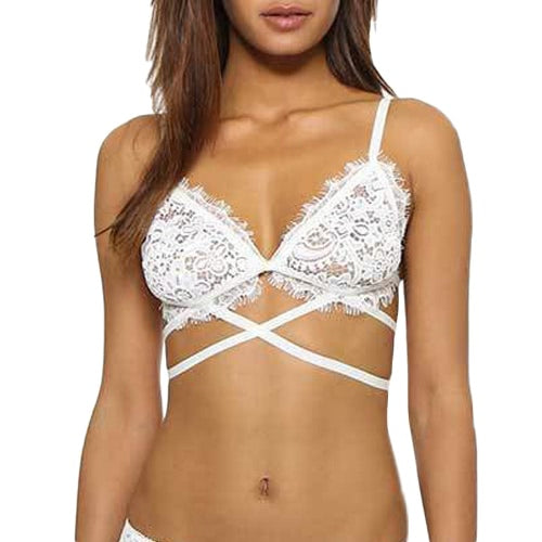 Sexy Women Bra Sheer Lace Mesh Hollow Out Cross Adjustable Strap Unlined Cup Bralette Unpadded Bra Lingerie White