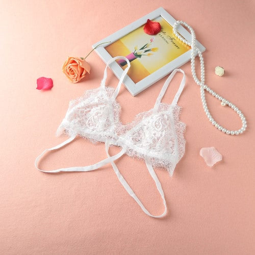 Sexy Women Bra Sheer Lace Mesh Hollow Out Cross Adjustable Strap Unlined Cup Bralette Unpadded Bra Lingerie White