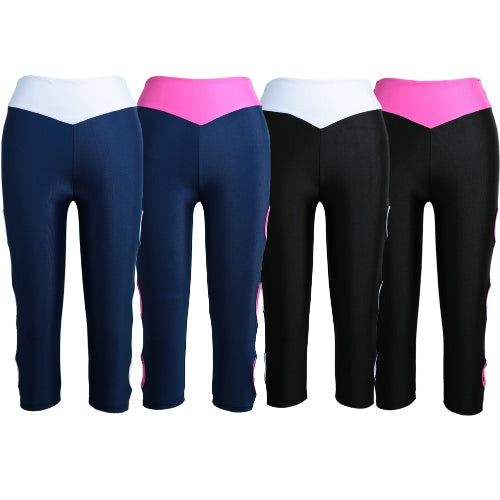 Women Sports Leggings Cropped Cut Out Leg Breathable Stretchy Contrast Fitness Jogging Skinny Pants Trousers