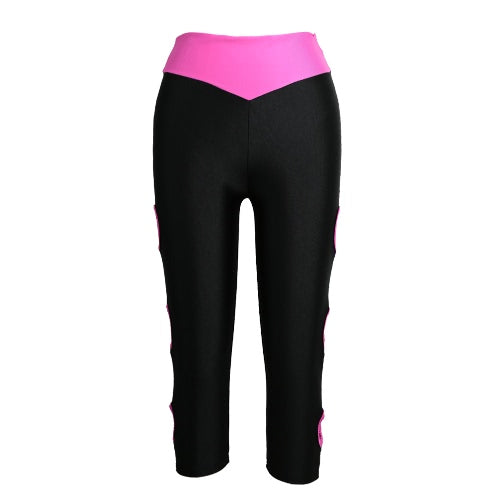 Women Sports Leggings Cropped Cut Out Leg Breathable Stretchy Contrast Fitness Jogging Skinny Pants Trousers