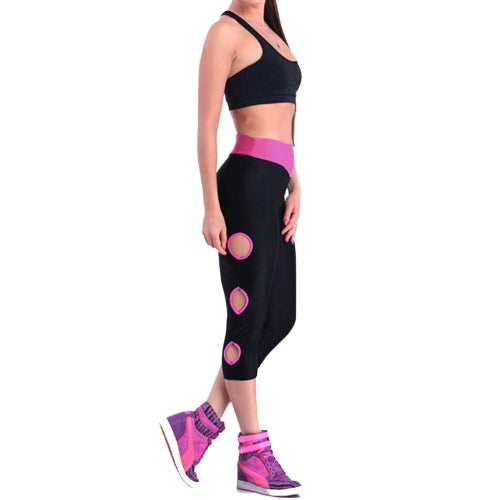 Women Sports Leggings Cropped Cut Out Leg Breathable Stretchy Contrast Fitness Jogging Skinny Pants Trousers