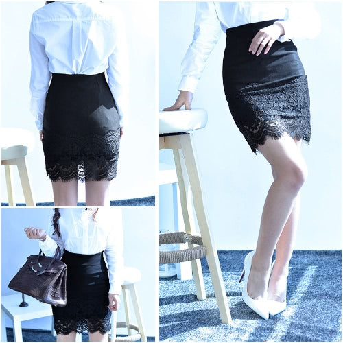 Women Crochet Lace Skirt Elastic Waist Hollow Out Work Career Mini OL Skirt Black