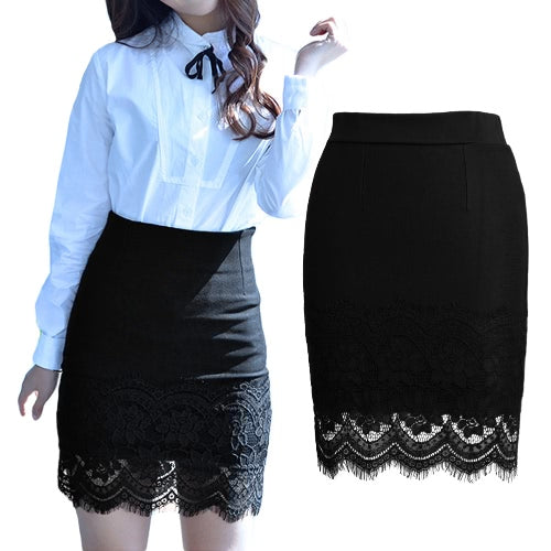 Women Crochet Lace Skirt Elastic Waist Hollow Out Work Career Mini OL Skirt Black