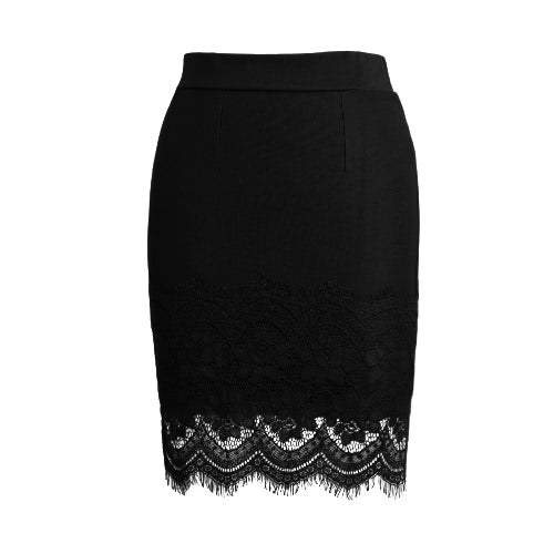 Women Crochet Lace Skirt Elastic Waist Hollow Out Work Career Mini OL Skirt Black