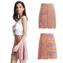 Fashion Women Mini Skirt Vintage Jacquard Striped Tassel Back Zipper High Waist Ethnic Bodycon A-Line Skirt Red/Orange