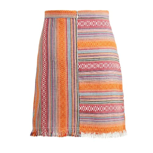 Fashion Women Mini Skirt Vintage Jacquard Striped Tassel Back Zipper High Waist Ethnic Bodycon A-Line Skirt Red/Orange