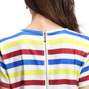 New Women Jumpsuit Contrast Striped Round Neck Short Sleeves Elastic Waist Back Zipper Playsuit Romper White