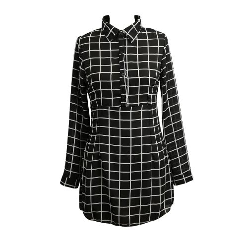 Women Chiffon Plaid Long Sleeve Mini Dress Black