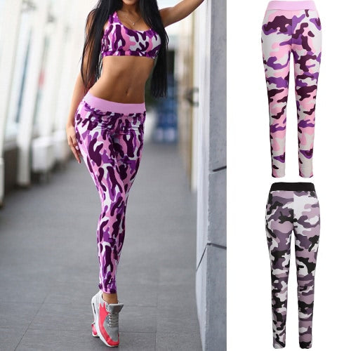 Fashion Women Sports Pants Camo Contrast Elastic Waist Running Fitness Yoga Trousers Workout Leggings Black/Pink