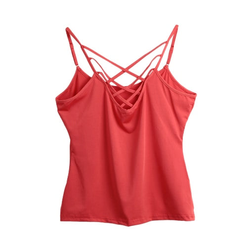 New Sexy Women Criss Cross Top Spaghetti Strap V Neck Sleeveless Backless Bodycon Tank Top T-Shirt Watermelon Red/Black