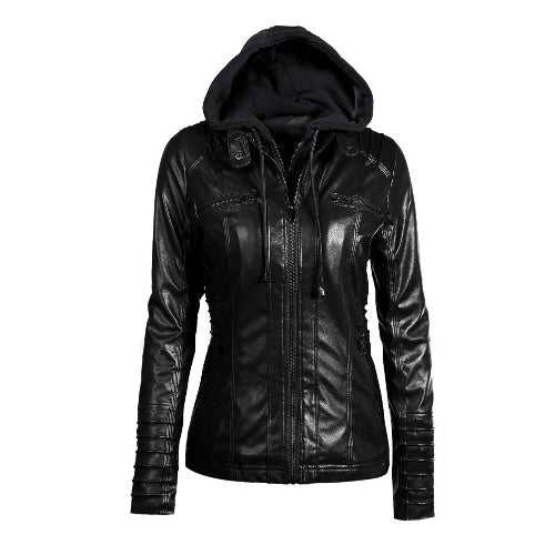 Women's Faux Leather Hooded Jacket Zippered Hoodie Short Slim Motorcycle Jacket Coat