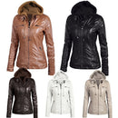 Women's Faux Leather Hooded Jacket Zippered Hoodie Short Slim Motorcycle Jacket Coat