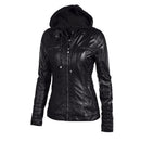 Women's Faux Leather Hooded Jacket Zippered Hoodie Short Slim Motorcycle Jacket Coat