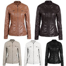 Women's Faux Leather Hooded Jacket Zippered Hoodie Short Slim Motorcycle Jacket Coat