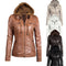 Women's Faux Leather Hooded Jacket Zippered Hoodie Short Slim Motorcycle Jacket Coat