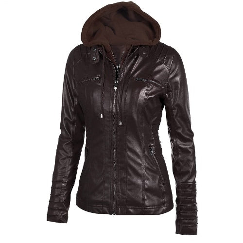 Women's Faux Leather Hooded Jacket Zippered Hoodie Short Slim Motorcycle Jacket Coat