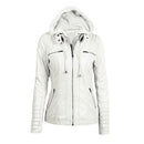 Women's Faux Leather Hooded Jacket Zippered Hoodie Short Slim Motorcycle Jacket Coat