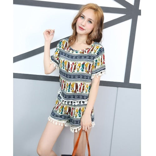 New Fashion Women Two Piece Set Tops Shorts Colorblock Pattern Print Cat Tassel Fringe Casual Boho Suits Dark Blue/Green