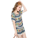 New Fashion Women Two Piece Set Tops Shorts Colorblock Pattern Print Cat Tassel Fringe Casual Boho Suits Dark Blue/Green