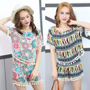 New Fashion Women Two Piece Set Tops Shorts Colorblock Pattern Print Cat Tassel Fringe Casual Boho Suits Dark Blue/Green