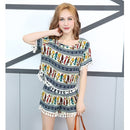 New Fashion Women Two Piece Set Tops Shorts Colorblock Pattern Print Cat Tassel Fringe Casual Boho Suits Dark Blue/Green