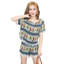 New Fashion Women Two Piece Set Tops Shorts Colorblock Pattern Print Cat Tassel Fringe Casual Boho Suits Dark Blue/Green