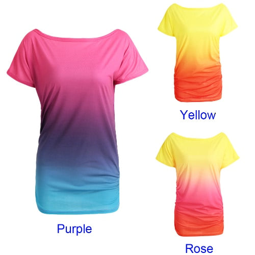 New Fashion Women T-Shirt Rainbow Gradient Ruffled O-Neck Short Sleeve Casual Tees Top