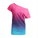 New Fashion Women T-Shirt Rainbow Gradient Ruffled O-Neck Short Sleeve Casual Tees Top