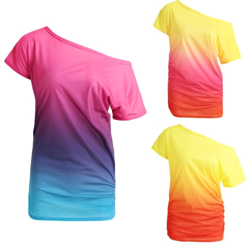 New Fashion Women T-Shirt Rainbow Gradient Ruffled O-Neck Short Sleeve Casual Tees Top