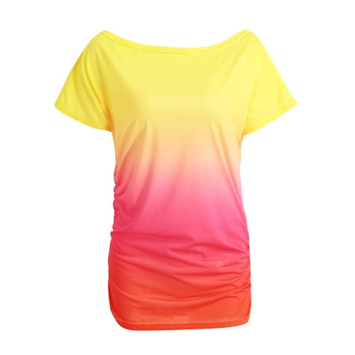 New Fashion Women T-Shirt Rainbow Gradient Ruffled O-Neck Short Sleeve Casual Tees Top