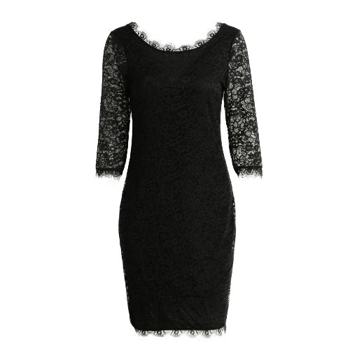 New Sexy Women Lace Bodycon Dress O Neck Three Quarter Sleeve Solid Sheath Evening Party Mini Dress Black/ Green