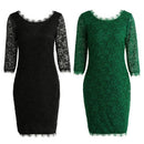 New Sexy Women Lace Bodycon Dress O Neck Three Quarter Sleeve Solid Sheath Evening Party Mini Dress Black/ Green